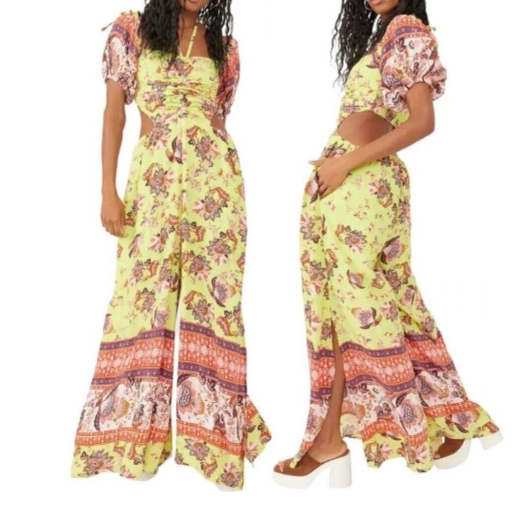 Free People Bali Citrus Skies Floral‎ Cut Out Jumpsuit M Wide Leg